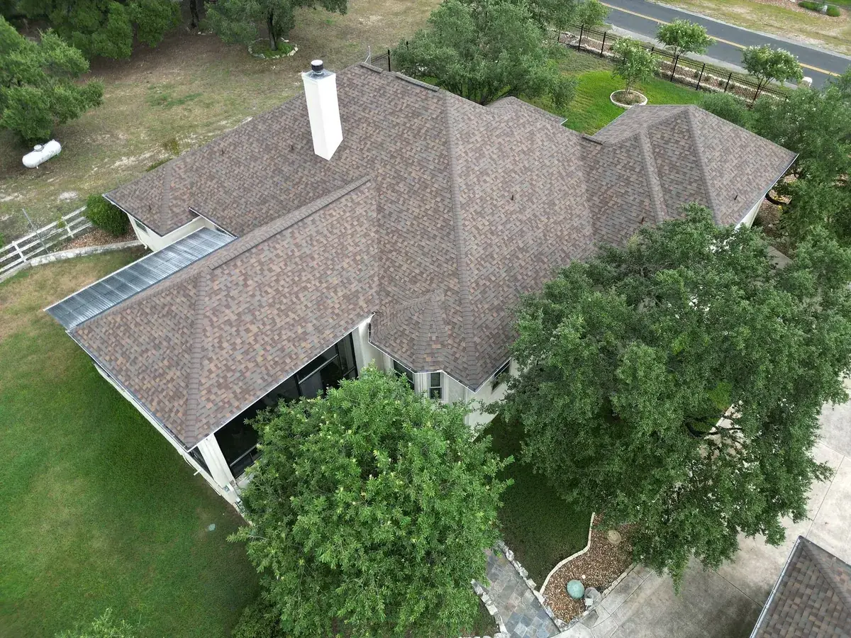 Aerial view of a roof completed by Alamo Roofing in San Antonio, Texas