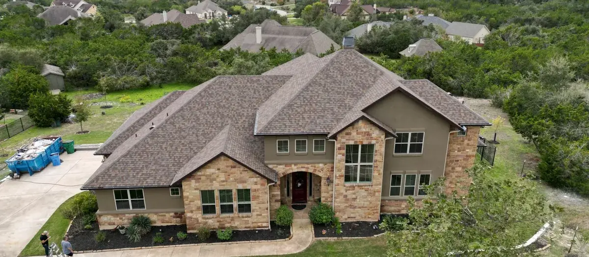 Aerial view of a roof completed by Alamo Roofing in San Antonio, Texas