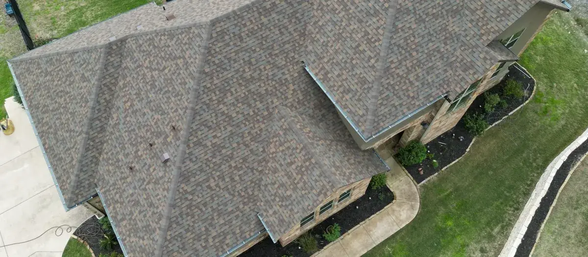 Aerial view of a roof completed by Alamo Roofing in San Antonio, Texas