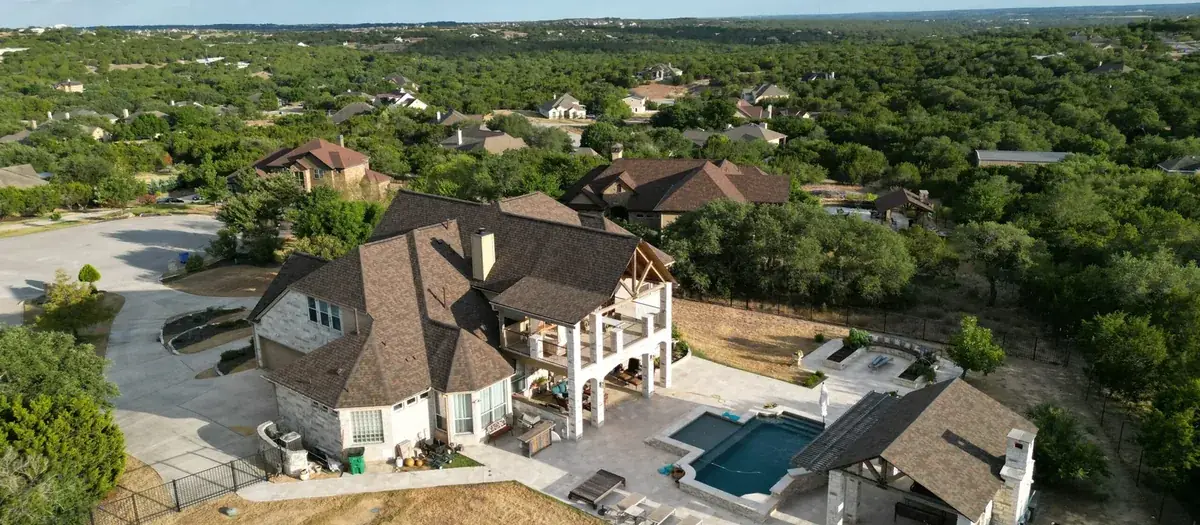 Aerial view of a roof completed by Alamo Roofing in San Antonio, Texas