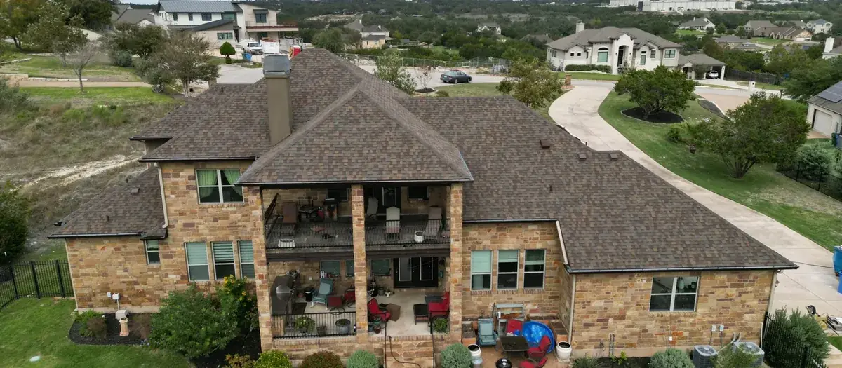 Aerial view of a roof completed by Alamo Roofing in San Antonio, Texas