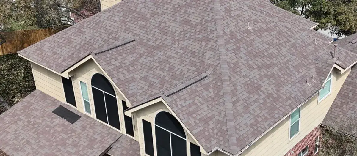 Aerial view of a roof completed by Alamo Roofing in San Antonio, Texas